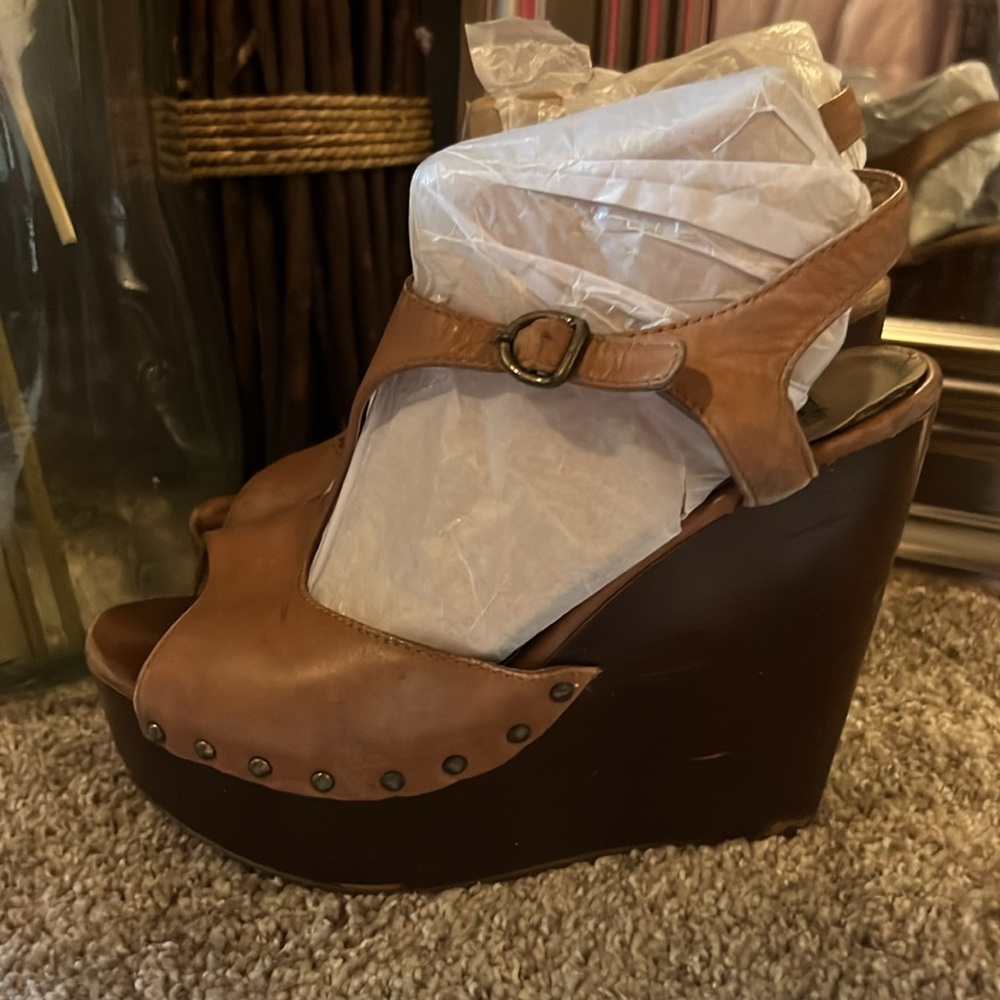 Steve Madden brown wooden platform wedge sandals leather upper style Wachme 8.5 - Picture 2 of 14